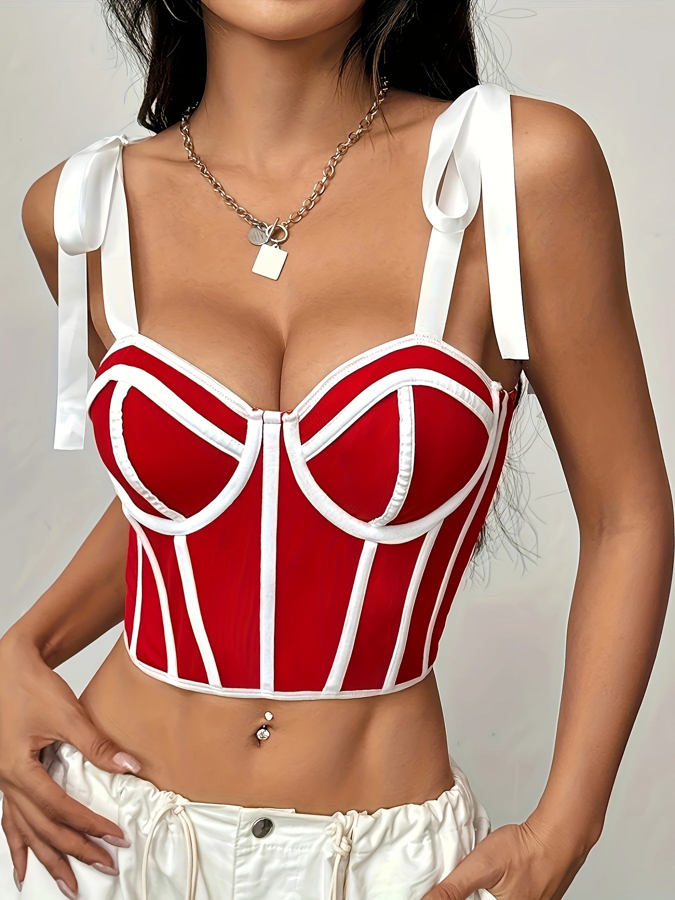 Elegant Black and White Ribbon-Embellished Mesh Cami Top with Color Block Design and Boning Detail - Sexy Spring/Summer Collection for Women, Womens Fashion|Elegant Halter Top| Delicate Lacing